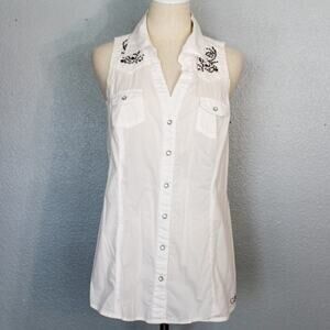 Guess Sleeveless Embellished Button Down Shirt Size L